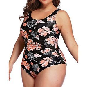 Slimming Plus Size Tummy Control One Piece Swimsuit-Black Orange Floral Size 18W